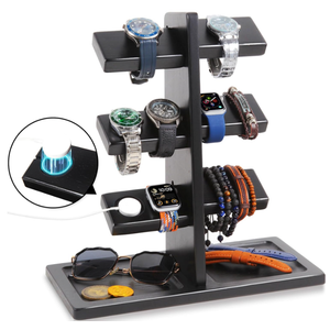 Xnwouco Watch Stand for Men, Watch Display Stand with Charger Groove, Wooden Watch Holder Stand, Jewelry Holder Organizer for Rings, Jewelry, Coins Bracelets, Great Gifts for Men Women, Black