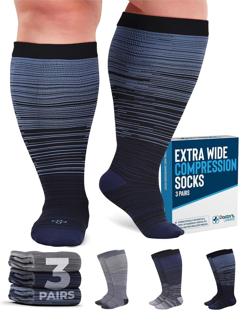 Doctor's Select 3 Pairs Plus Size Compression Socks Wide Calf - Up to 6XL | 20-30 mmHg Compression Socks for Women Wide Calf | Line Patterns 2 (5X-Large, 3 Pairs - Line Patterns 2)