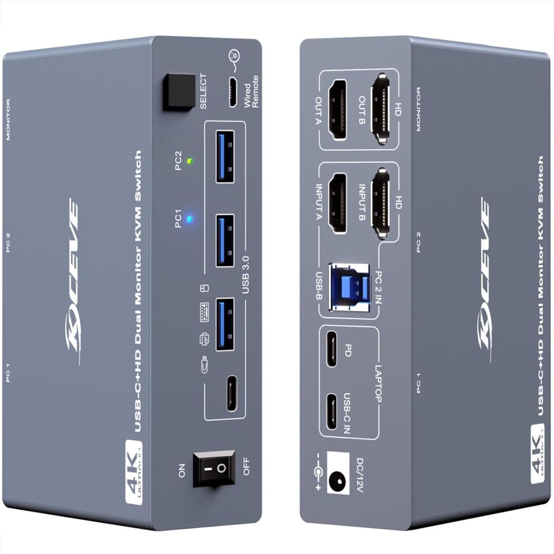 KVM Switch 2 Monitors 1 Desktop and 1 Laptop 4K@60Hz, 7in1 Dual Monitor KVM Switch Docking Station, Expand 2 HDMI Displays,4xUSB 3.0,PD 80W, Wired Remote and USBC Cable Included