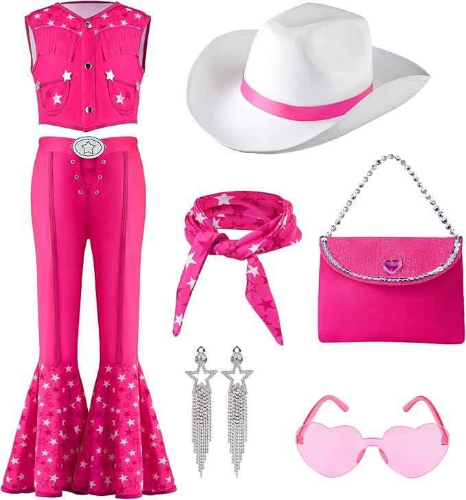 Spooktacular Creations Halloween Child Girl Pink Cowgirl Costume, Kids 70s 80s Hippie Disco Outfits with Hat Handbag Scarf Earrings Sunglasses for Holiday Dress Up Cosplay Party, Large