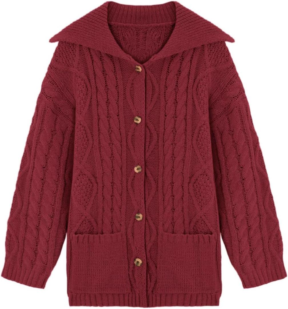 Saodimallsu Womens Cable Knit Cardigan Sweaters Fall Oversized Long Sleeve Button Open Front Knit Sweater Coats (Red)
