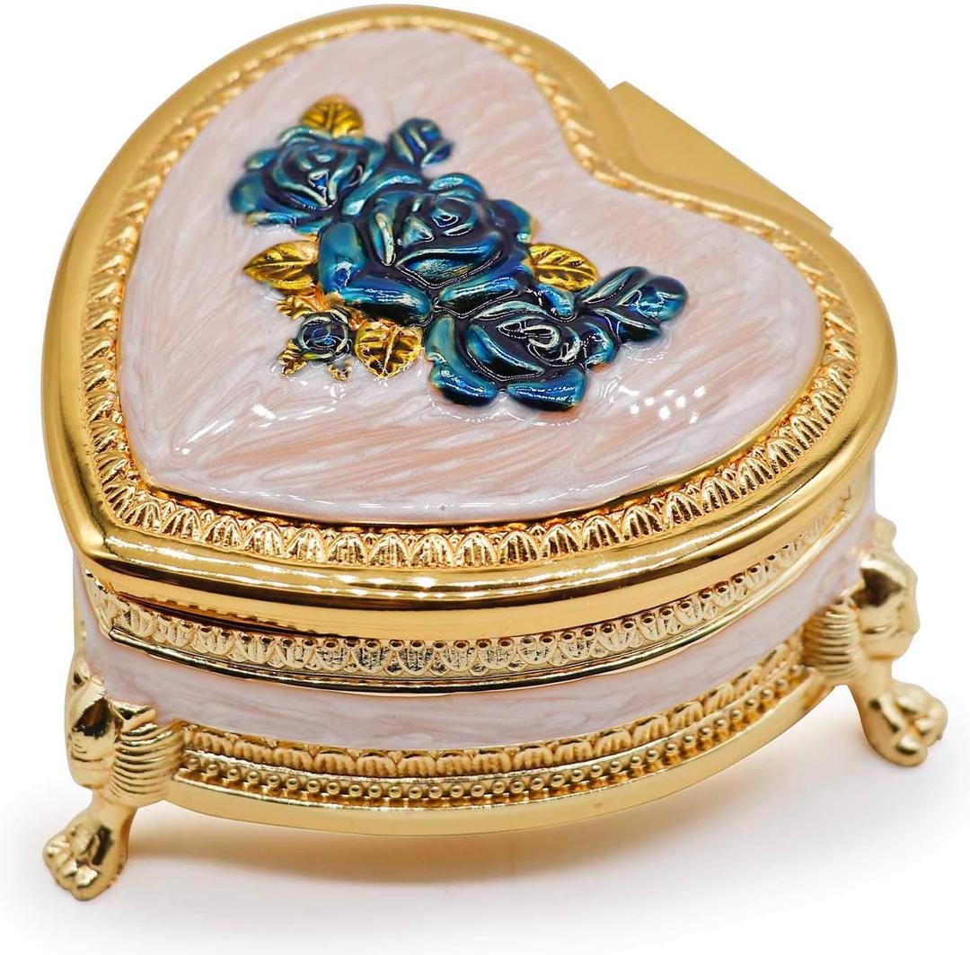 Classic Vintage Heart Shape Metal Jewelry Box Ring Trinket Storage Organizer Chest Christmas Gift, Gold & Blue