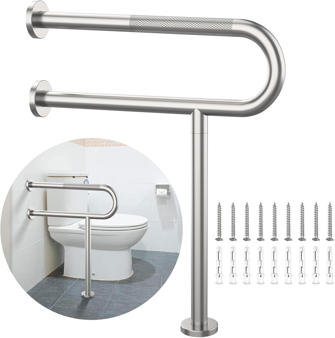 Toilet Support Rail 23.4X 28 Inch, Munzong Anti-Slip Satin Brushed Nickel Handicap Grab Bar for Bathroom, Stainless Steel Knurled Safety handrails with Leg for Elderly Disabled Pregnant-1.25Tube
