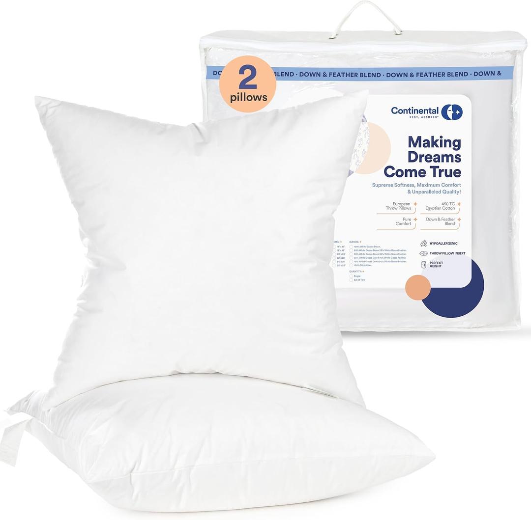 Continental Bedding | 50/50 Down and Feather Blend Throw Pillow Insert | 100% Cotton 250TC Shell | Medium Loft Decorative Cushion | 16x16 | 2 Pack