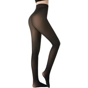 Fleece Lined Tights for Women, Thermal Warm Black Pantyhose Leggings, Fake Translucent Thick Tights for Winter (Medium Plus)