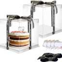 Clear Cake Box, 2 Pcs Transparent Cake Carrier Box with Lids, 8'' PET Cake Packaging Boxes with Ribbon Gift Card for Pastries, Clear Gift Boxes for Birthday, Wedding and Festival Party, White