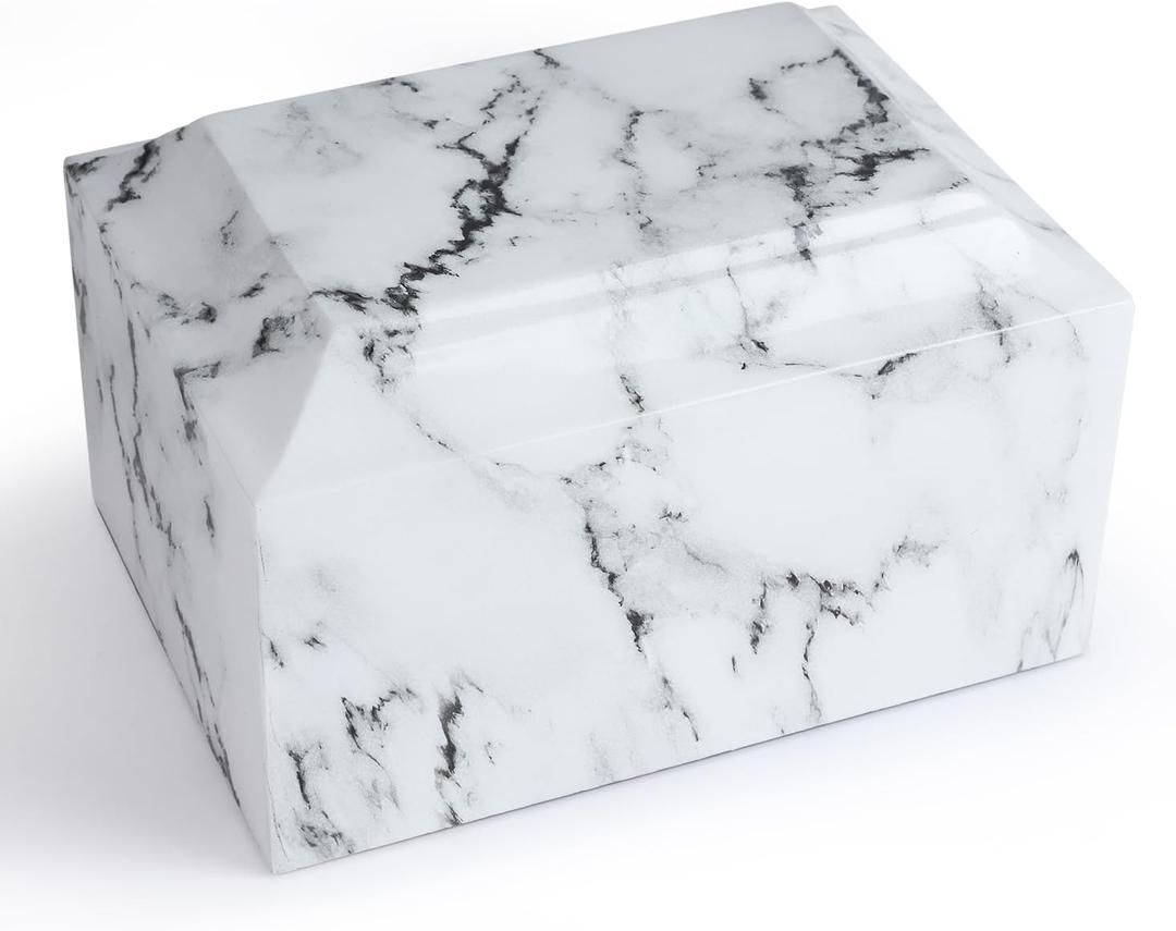 White Marble Cremation Urn Vault for Human Ashes - Adult Sized Memorial Urn for Ground Burial, Home Memorial and Funeral Use