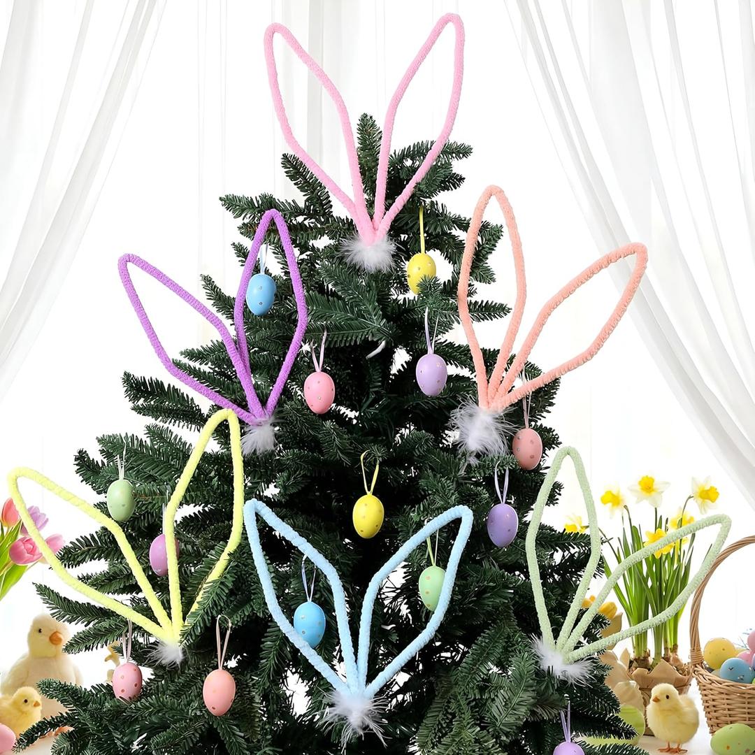 Halloscume 6 Pcs Easter Bunny Ear Picks Easter Tree Topper Cute Colorful Woven Rabbit Ears Ornaments for Vase Filler Home Decor Gifts