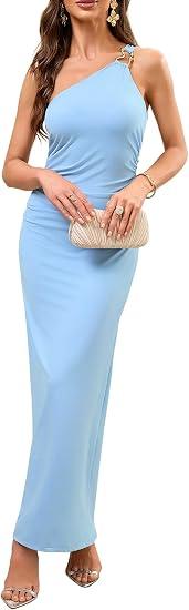 ZTMZA 2026 Summer Formal Party Dresses for Women Sexy One Shoulder Bodycon Dress Elegant Cocktail Long Dresses Sky Blue,Small