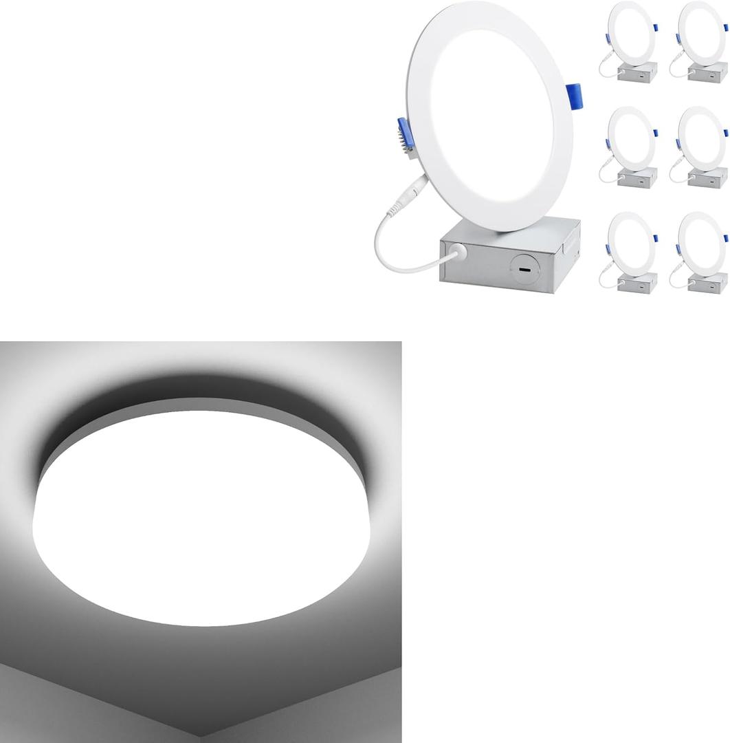 LeproLE Bundle - 8.7 inch Flush Mount LED Ceiling Light for Bathroom 5000K 1500LM + 6 Pack 6 Inch LED Recessed Ceiling Light with Junction Box, 5000K Daylight 1050LM