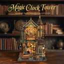 Book Nook Kit Magic Clock Tower 3D Wooden Puzzle for Adults, DIY Miniature House Kit with LED Lights, Creative Home Decor Gift for Display