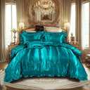 Silky Comforter Set with Sheet Set Queen 8 Pcs Peacock Green Bed in a Bag Green Bedding Set Silk Like Satin Ruffle Home Decor Sexy Hotel Silky Bed Set with 1 Cushion Cover