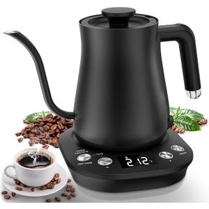 Electric Gooseneck Kettle, 1F Temperature Control, 304 Stainless Steel Inner, 0.8L/1200W Fast Heating with Auto Shut-Off & Safety Lock for Pour Over Coffee & Tea - Black