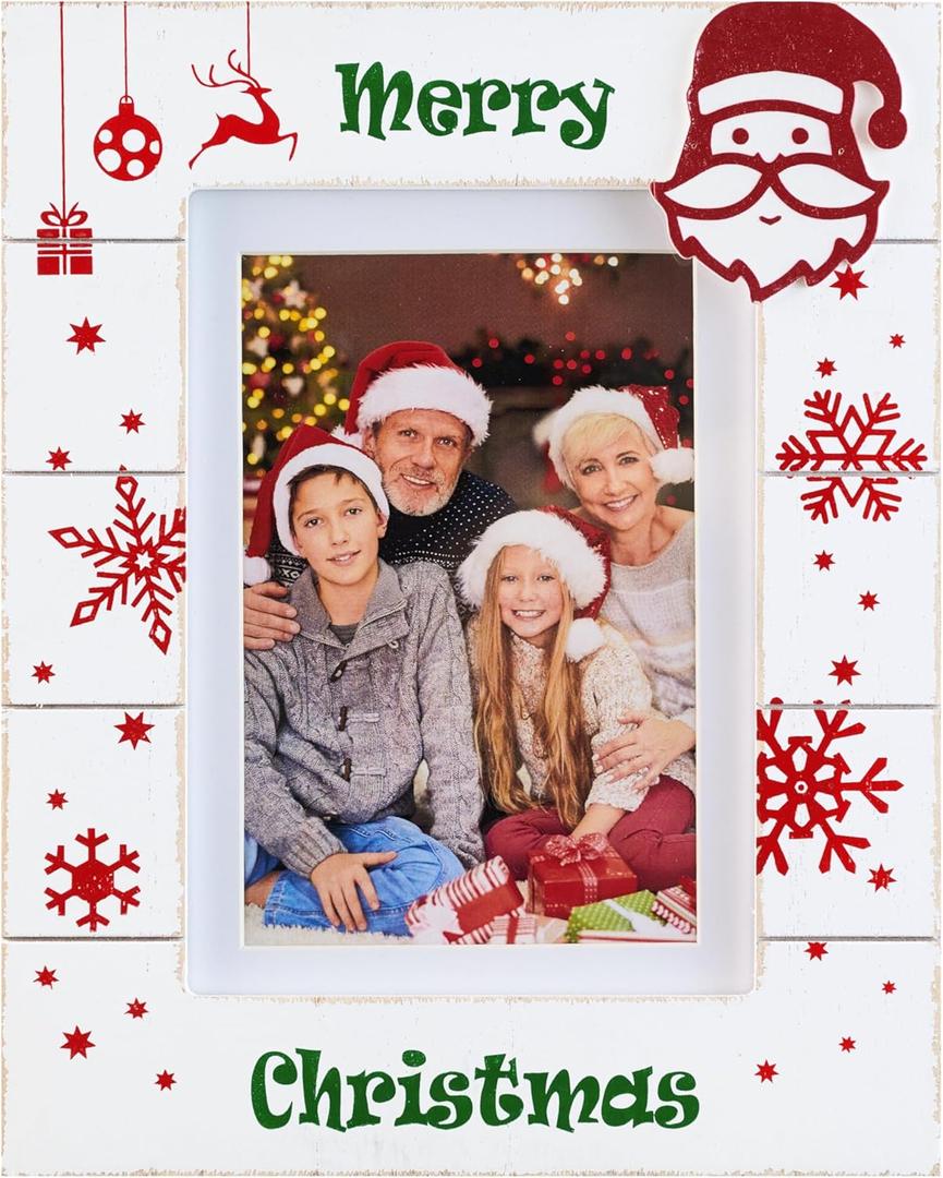 5x7 Merry Christmas Picture Frame, Holds 5x7 Photo or 4x6 with Mat, Wood Photo Frame for Wall & Tabletop Display, Santa Snowflake Reindeer Crystalball Gift Decor, Whitewashed