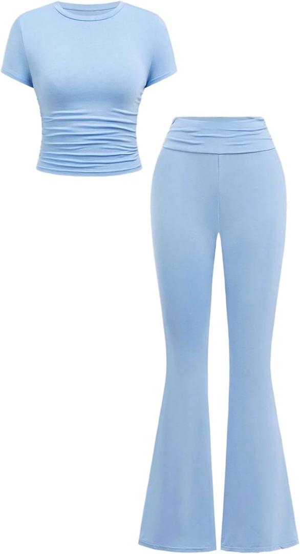 SOLY HUX Girl's Summer Clothing Set Short Sleeve Crop T Shirts and Flare Pants 2 Piece Outfit Pure Blue, 11Y