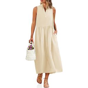 Wenrine Womens Summer Sleeveless Shirt Dress Casual Collared V Neck Cotton Loose Maxi Long Dresses with Pockets
Size S