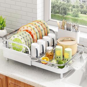 SAYZH Dish Drying Rack - Expandable Dish Rack for Kitchen Counter, Rust-Resistant Dish Drainer with Utensil Holder and Raised Guardrail, Kitchen Organizer for Cup and Bottle (White), 15.3" to 22.2"