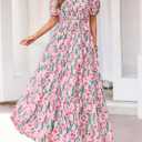PRETTYGARDEN Women's Summer Maxi Dresses Boho Floral Short Sleeve V Neck Casual Wedding Guest 2026 Beach Vacation Outfits (Pink, M)