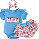 Newborn 4th of July Outfit Baby Girl American Flag Bow Print Short Sleeve Romper Tutu Skirt with Headband Summer Set (3-6 Months, Blue)