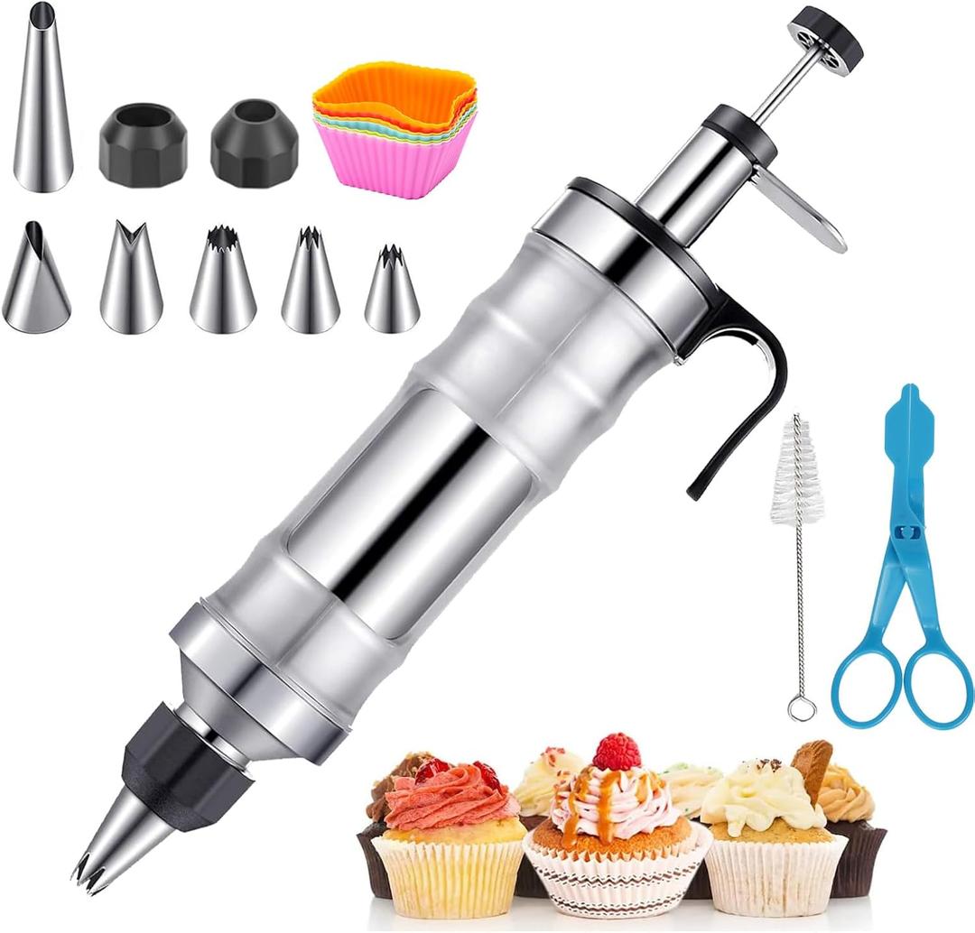 Cake Decorating Kit with 6 Stainless Steel Piping Tips, Frosting Gun & 8 Silicone Cups  Baking Supplies for Cake, Cupcake, Cookie Decorating  Piping Bags and Tips Set for Beginners & Bakers