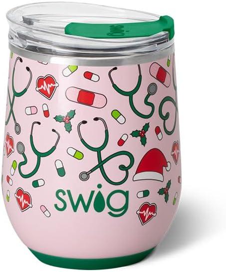 Swig Life 12oz Wine Tumbler with Lid, Stainless Steel, Dishwasher Safe, Portable, Triple Insulated Wine Tumbler (Santa's Scrubs)