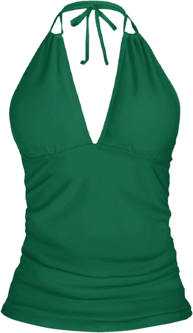 Women's Halter Tankini Top V Neck Swim Top Tummy Control Bathing Suit (Green, 20 Plus)
