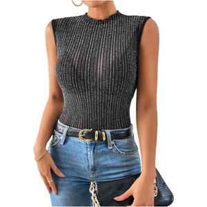 SOLY HUX Women's Sparkly Mock Neck Tank Top Sleeveless Lettuce Trim Elegant Party Tops (L)