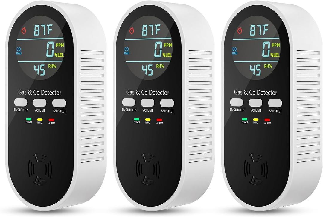 5-in-1 Natural Gas Leak Detector & Carbon Monoxide Detectors Plug in, Portable Carbon Monoxide Detector & Battery Backup with Brightness & Volume Adjustment for Home/RV/Travel/Camping (3 Packs)