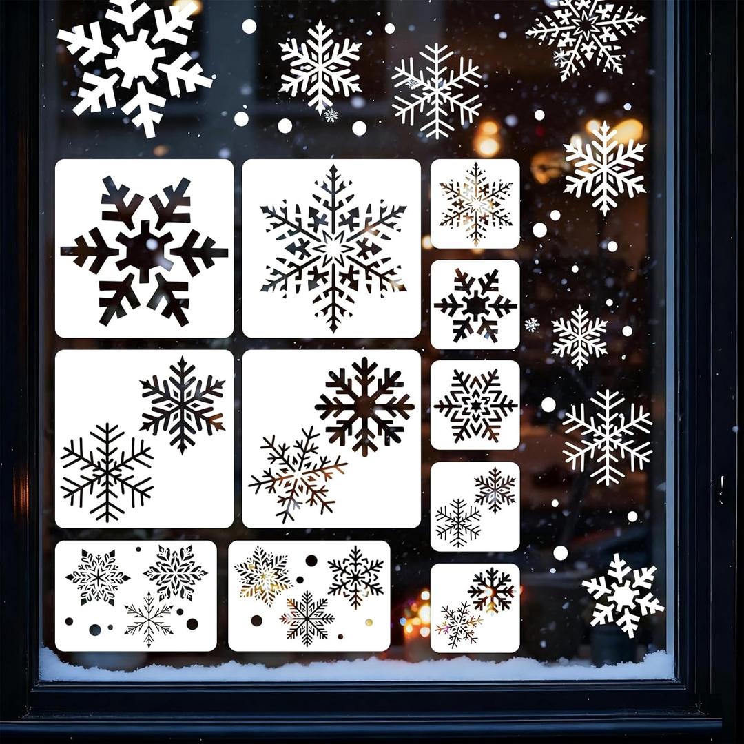 11 Pcs Large Snowflake Stencils for Windows, Reusable Christmas Stencils for Glass, Wood, Fabric, Wall, Card, Doormat, DIY Holiday Painting Templates