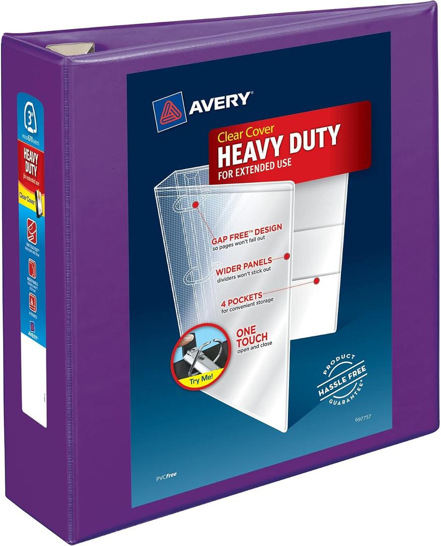 Avery Heavy-Duty View 3 Ring Binder, 3" One Touch EZD Rings, 1 Purple Binder (79810)