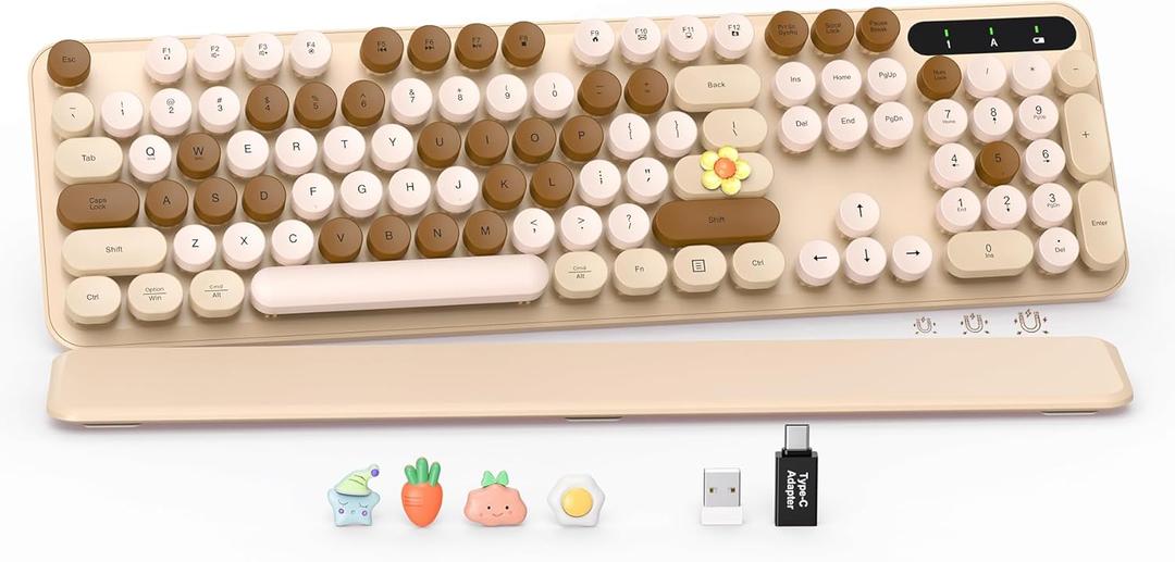 Wireless Keyboard, Round Keycaps, Retro Typewriter Keyboard with Detachable Wrist Rest, Sleep Mode, Foldable Legs, 2.4GHz Full-Size Cordless Computer Keyboard for Windows/PC/Laptop (Latte)