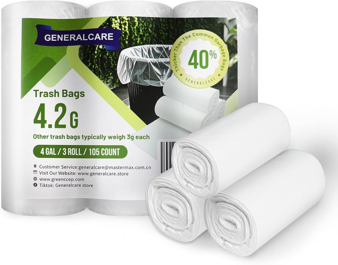 2 x PE 4 Gallon Trash Bags, 105 Count - Unscented Small Garbage Can Liners for Bathroom, Kitchen, Office, White 4 Gal Trash Can Bags