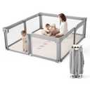 Baby Playpen Portable, Pre-Assembled Play Pen 71x79 Large Foldable Playpen for Babies and Toddlers, Sturdy and Safe Toddler Play Yard Indoor Outdoor with Carry Bag,Grey with White