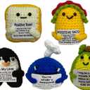 Positive Energy Crochet Set, Handmade with Uplifting Quotes, Unique Encouragement Gift for Christmas, Birthday, Stress Relief, Cute Desk Decor for Family, Friends, Kids (animals foods 5pcs)