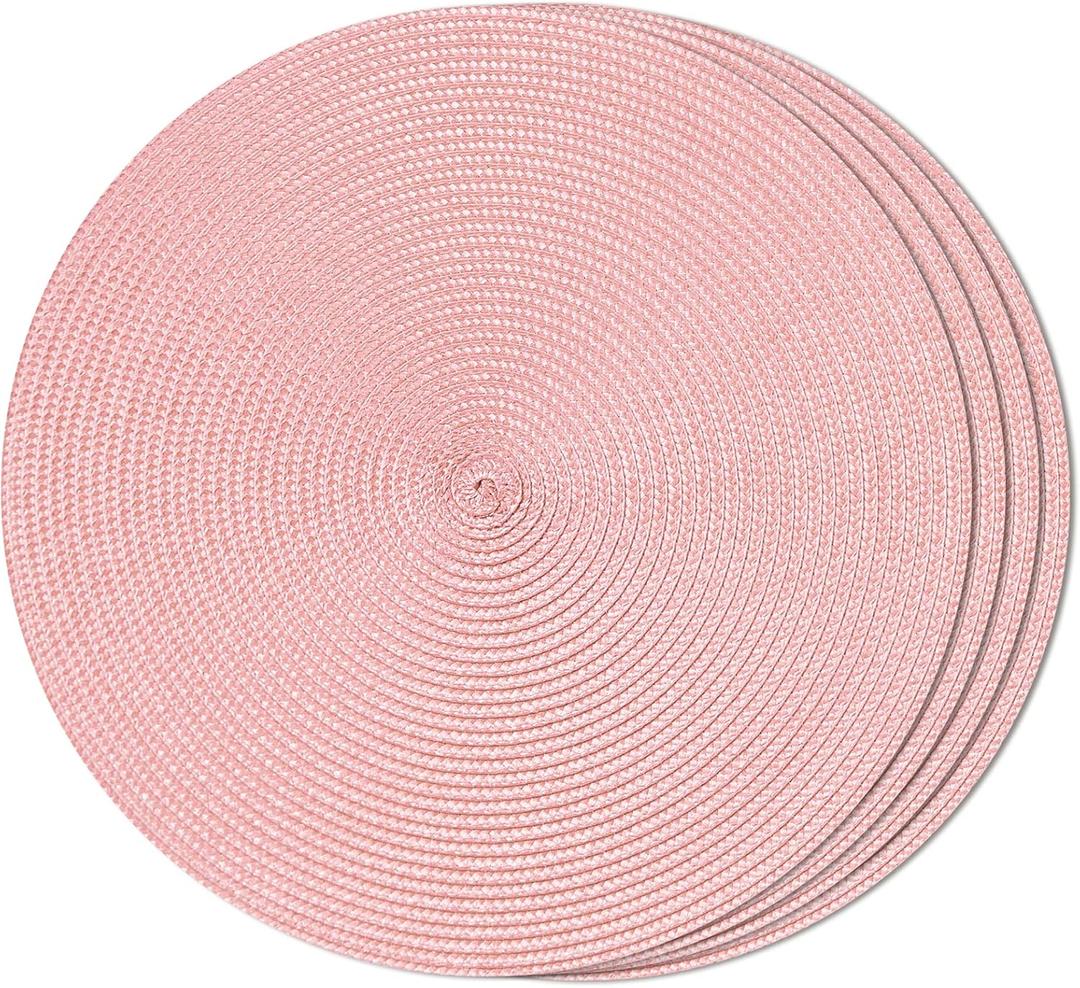 FunWheat Round Braided Placemats Set of 4 Table Mats for Dining Tables Woven Washable Non-Slip Place mats 15inch (Pink, 4pcs)