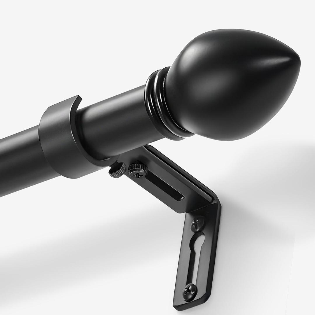 LLPJS Curtain Rods for Windows 16 to 48 inches, Curtain Rod Max Adjustable Length to 60 in, Drapery Rod 1 inch Diameter with Modern Knobs Finials (Black, 16" to 48" - Set of 1)