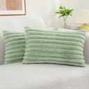 decorUhome Faux Fur Throw Pillow Covers 12x20 Set of 2, Decorative Soft Plush Striped Lumbar Neutral Couch Pillow Covers with Velvet Back for Sofa, Bed, Living Room Home Decor, Sage Green