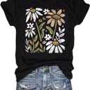 Vintage Floral T Shirt Women Boho Flowers Graphic Tees Shirts Cute Wildflowers Shirt Summer Casual Short Sleeve Tops (Black, M)
