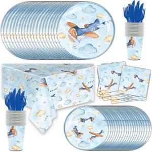 141Pcs Airplane Birthday Party Decorations Include Airplane Plates-Paper Cups-Napkins-Forks-Knives-Tablecloth for Airplane Baby Shower Decorations Serves 20 Guests