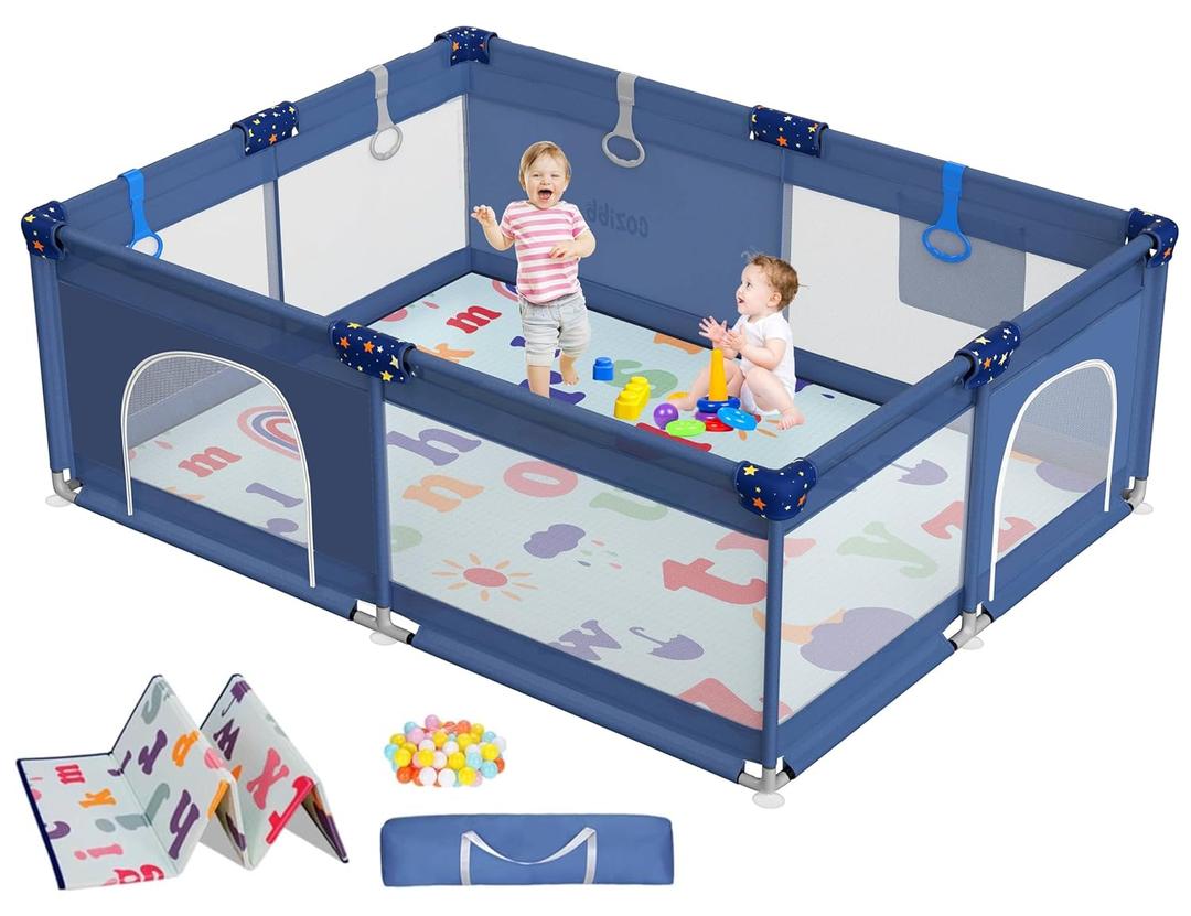 CoziBB Baby Playpen with Mat, 71"  59" Extra Large Playpen for Toddler, Baby Playard with Breathable Mesh, Fence Play & Sleep Area for Indoor & Outdoor (Blue)