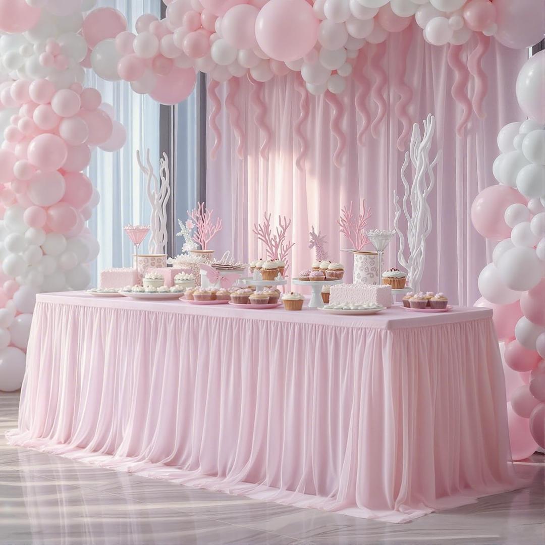 2-in-1 Pink Tulle Table Skirt Tablecloth for 6 Foot Rectangle Tables, Pink Ruffle Tutu Table Skirt Stretch Fitted Table Covers for Bridal/Baby Shower Girls Birthday Princess Themed Party