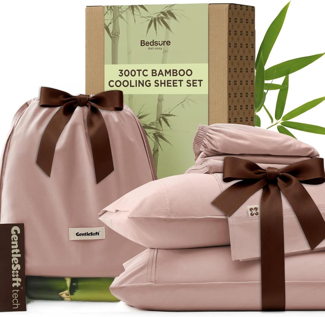 Bedsure Bamboo Viscose Cooling Sheets, Rayon Cotton Serene Blend, PureWoven, Breathable & Buttery Soft Queen Size Bed Set, Deep Pocket Up to 18", Hotel Luxury Bedding for Hot Sleepers, Rose Pink
