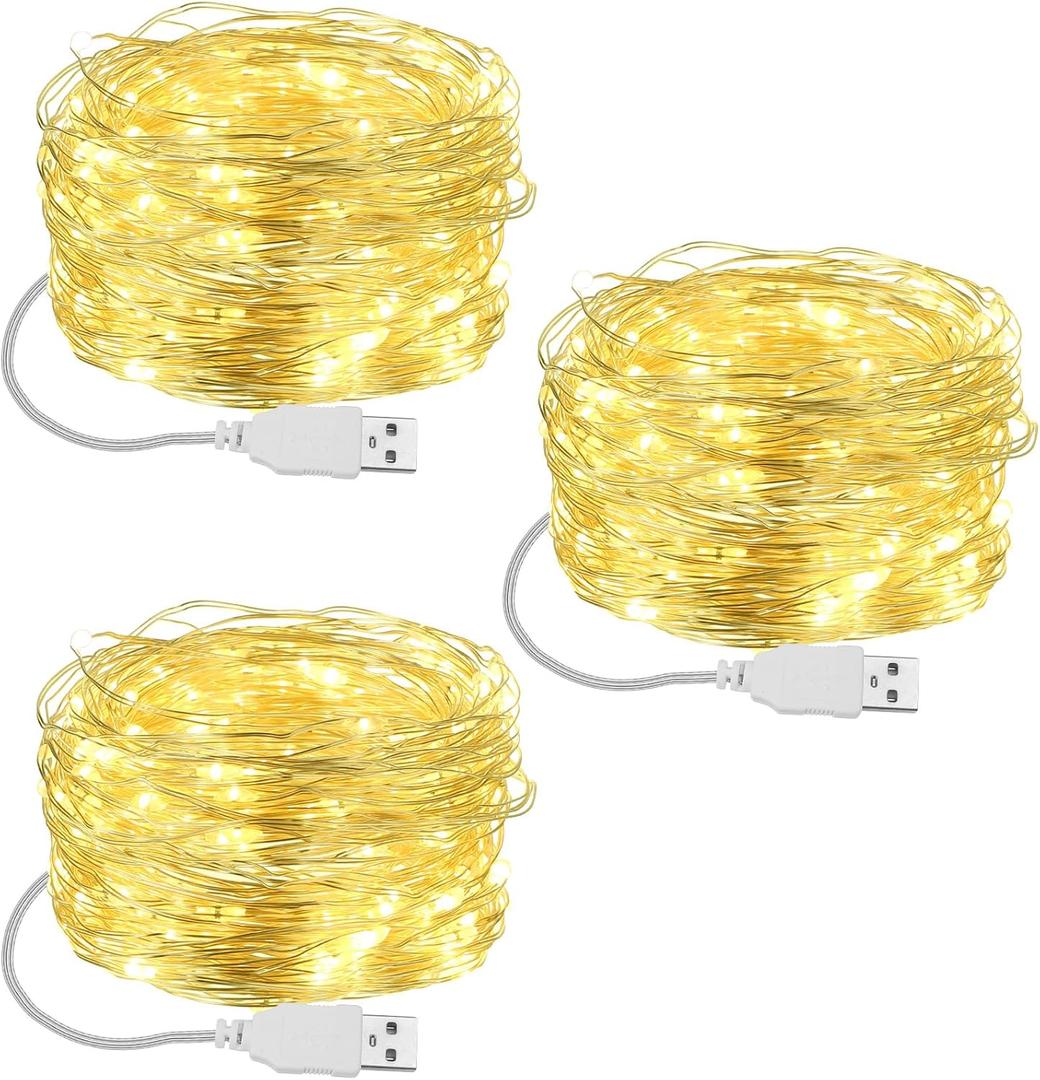 Macarrie 3 Pcs Fairy Lights USB Powered 16 ft 50 LED String Lights Plug in for Xmas Indoor Outdoor Party Wedding Home Festival Tree Garden Decoration (Warm White)