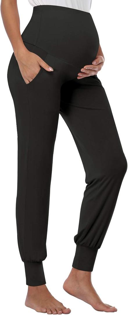 PACBREEZE Women's Maternity Pants Lounge Workout Joggers Over The Belly Pajama Sweatpants Stretchy Pregnancy Pants (X-Large, A01:black)