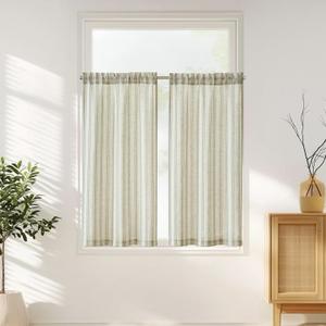 jinchan Striped Linen Kitchen Curtains 45 Inch Cafe Tier Curtains Balanced Stripe Farmhouse Small Drapes for Bathroom Laundry Over Sink Half Window Light Filtering 2 Panels Sage Green on Beige