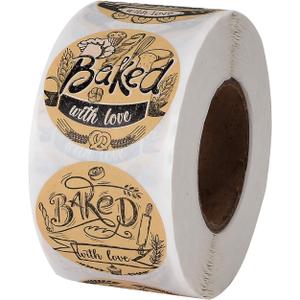 600 Baked with Love Stickers 1.5" Round Natural Kraft 6 Unique Design Perfect for Baked Goods Packing and Wrapping, Add Unique Touch to Your Business and Homemade Cookies