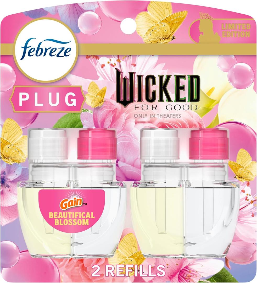 Febreze Plug In Air Freshener, "Wicked: For Good" Limited Edition Odor-Fighting Scented Oil Refill, Air Fresheners for Home and Bathroom and Kitchen, Long Lasting, Wicked Beautifical Blossom, 2 Count