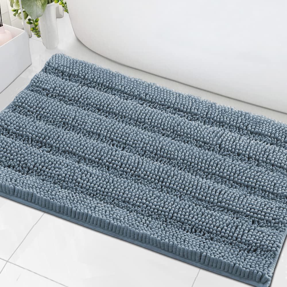 H.VERSAILTEX Bath Mats for Bathroom Non Slip Extra Thick Chenille Striped Bath Rug 24" x 36" Absorbent Non Skid Fluffy Soft Shaggy Rugs Washable Plush Mats for Indoor, Bath Room, Tub - Stone Blue