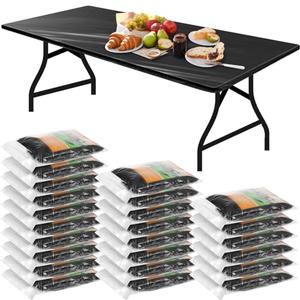 Boao 24 Pcs Black Plastic Rectangular Tablecloths, 6 Ft, 72 x 30 Inch, Windproof, Waterproof, Elastic Fitted, Disposable & Reusable, Ideal for Indoor/Outdoor, Camping, Picnic, Parties