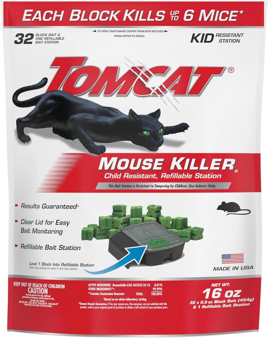 Tomcat Mouse Killer(e), Child Resistant, Refillable Station - Weather-Resistant Indoor/Outdoor Bait Station with Clear Monitoring Lid, 1 Station and 32 Bait Blocks